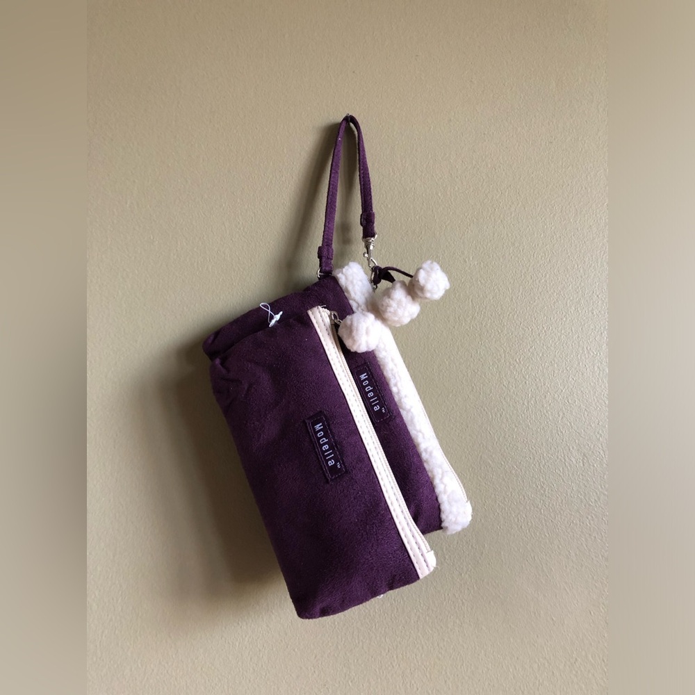 New Modella 2-Piece Purple Sherpa Cosmetic Pouch Wristlet Set with Pom Pom charm